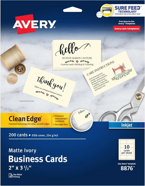 Avery Basılabilir Kartvizitler, Mürekkep Püskürtmeli Yazıcı, 200 Kart, 2 X 3,5, Temiz Kenar, Ağır, F ürün görseli 1