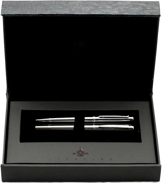 Steelpen World Serisi 2715 Parlak Krom Dolma Kalem+Tükenmez Kalem Seti ürün görseli 1