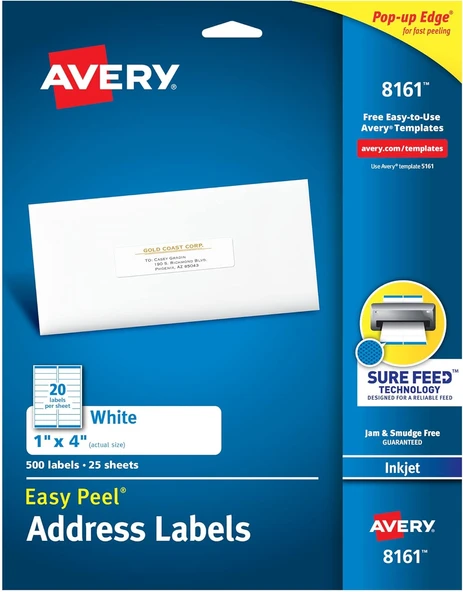 Avery Mürekkep Püskürtmeli Yazıcılar Için Sabit Beslemeli Adres Etiketleri, 2,54 Cm X 10,16 Cm, 500 ürün görseli 1