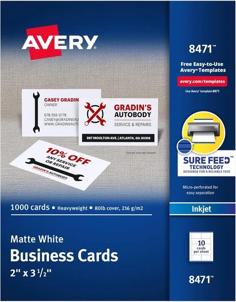 Avery 2 "X 3.5" Kartvizitler, Emin Besleme Teknolojisi, Mürekkep Püskürtmeli Yazıcılar Için, 1.000 K ürün görseli 1