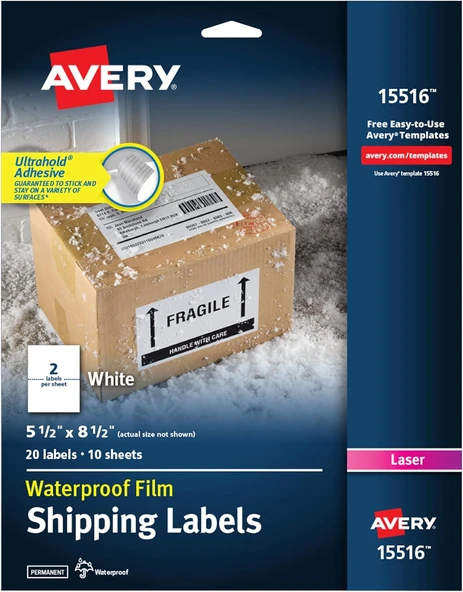 Avery Güvenli Beslemeli Su Geçirmez Basılabilir Kargo Etiketleri, 14 Cm X 21,5 Cm, Beyaz, 20 Boş Gön ürün görseli 1