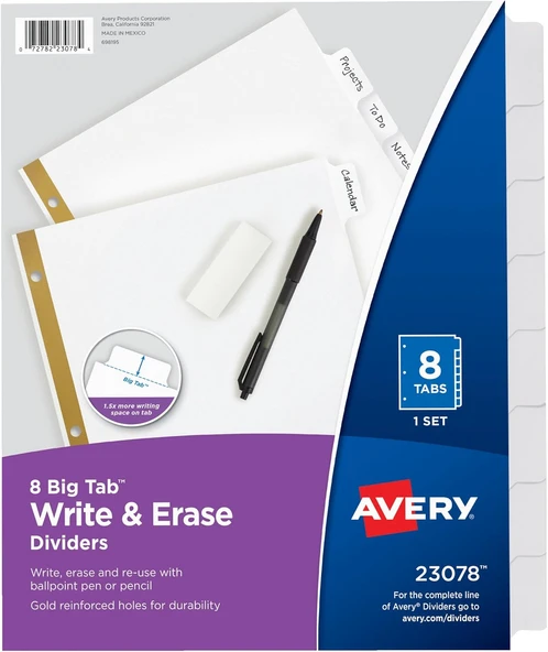 Avery Big Tab Ayırıcı, 8 Sekme, Yazılabilir Silinebilir, Beyaz, 48'Li Set ürün görseli 1