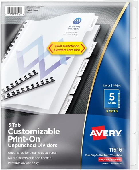 Avery Deliksiz Print On Trennblaetter, Beyaz, 5, 5 Sekme Setleri (11516) Menteşe ürün görseli 1