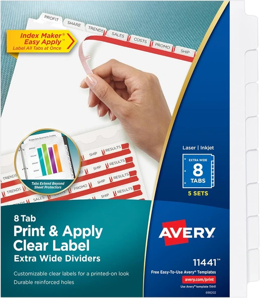 Avery 8-Tab Extra Wide Binder Dividers, Easy Print & Apply Clear Label Strip, Index Maker, Beyaz, 5 ürün görseli 1