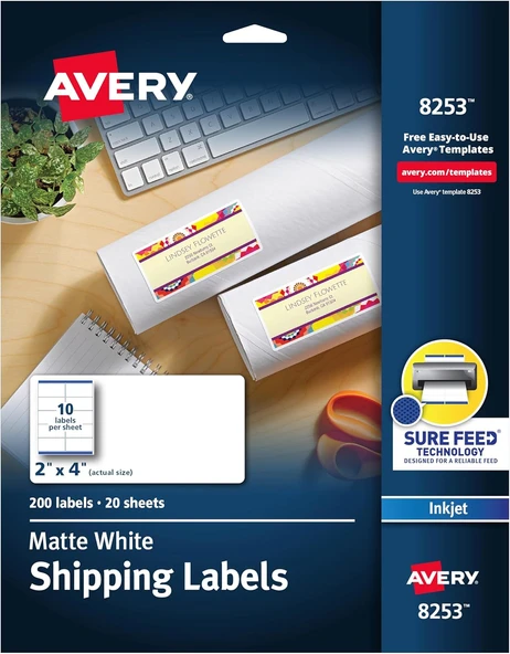 Avery Mat Beyaz Nakliye Etiketleri, Sure Feed Teknolojisi, Kalıcı Yapıştırıcı, 2" X 4", 200 Etiket ( ürün görseli 1