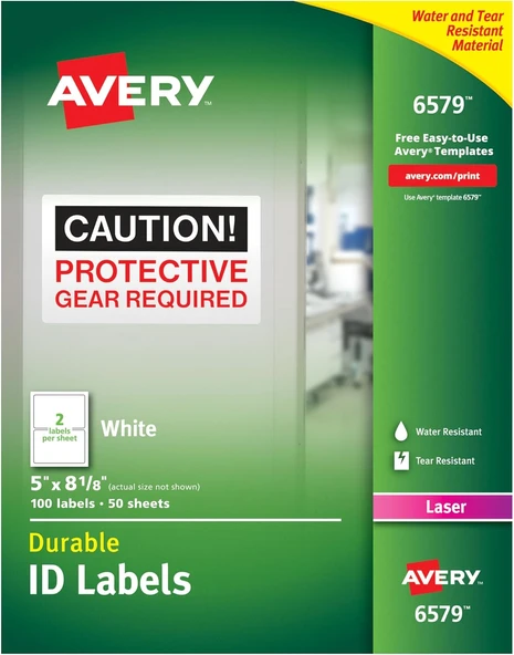 Avery Lazer Yazıcılar Için Dayanıklı Beyaz Kapak Kimlik Etiketleri, 5" X 8", 100'Lü Paket (6579) ürün görseli 1