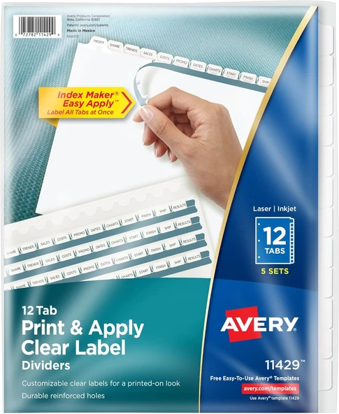 Avery 12 Sekmeli Bağlayıcı Bölücüler, Kolay Baskı Ve Uygula Şeffaf Etiket Şeridi, Dizin Oluşturucu, ürün görseli 1