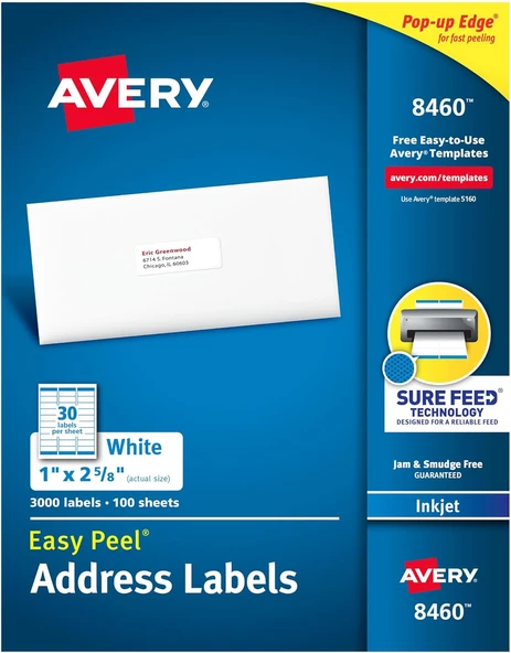 Avery Emin Beslemeli Kolay Soyulabilir Yazdırılabilir Adres Etiketleri, 1" X 2-5/8", Beyaz, 3.000 Bo ürün görseli 1