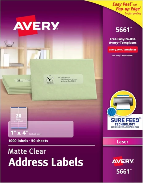 Avery Mat Şeffaf Adres Etiketleri, Emin Besleme Teknolojisi, Lazer, 1 Inç X 4 Inç, 1000 Etiket (5661 ürün görseli 1
