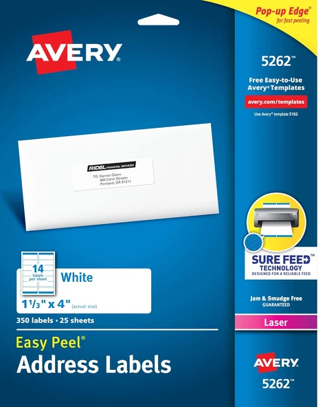 Avery Posta Adresi Etiketleri, Lazer Yazıcılar, 350 Etiket, 1-1/3 X 4, Kalıcı Yapıştırıcı, 5 Paket ( ürün görseli 1
