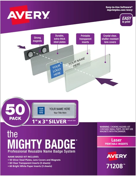 Avery'Nin Mighty Rozeti, 1" X 3" Gümüş İsim Etiketi, 50 Kimlik Rozeti, Lazer Yazıcılar Için 120 Ek P ürün görseli 1