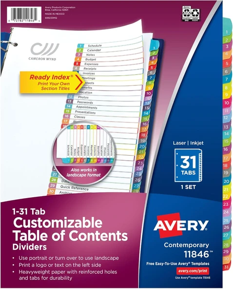 Avery 3 Halka Bağlayıcı Için 1-31 Tab Bölücüler, Özelleştirilebilir İçindekiler, Çok Renkli Sekmeler ürün görseli 1