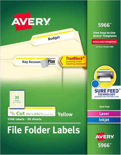 Avery Trueblock Dosya Klasörü Etiketleri, 2/3" X 3-7/16", 1500 Yazdırılabilir Etiket, Beyaz/Sarı, Ka ürün görseli 1