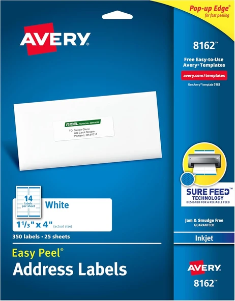 Avery Posta Adresi Etiketleri, Mürekkep Püskürtmeli Yazıcılar, 350 Etiket, 1-1/3 X 4, Kalıcı Yapıştı ürün görseli 1