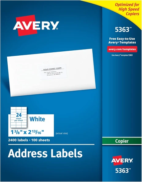 Avery Fotokopi Makineleri Için Yazdırılabilir Adres Etiketleri, 1-3/8" X 2-13/16", Beyaz, 2.400 Boş ürün görseli 1