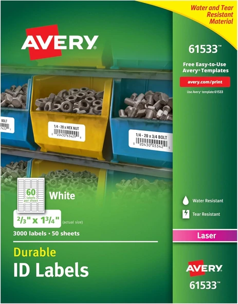 Avery Lazer Yazıcılar Için Dayanıklı Beyaz Kaplama Kimlik Etiketleri, 0,67 X 1,75, 3000'Li Paket (61 ürün görseli 1