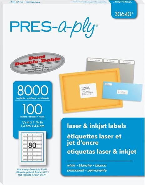 Lazer Ve Mürekkep Püskürtmeli Yazıcılar Için Pres-A-Ply Etiketler, 5 X 1.75, Beyaz, 8000'Li Kutu (30 ürün görseli 1