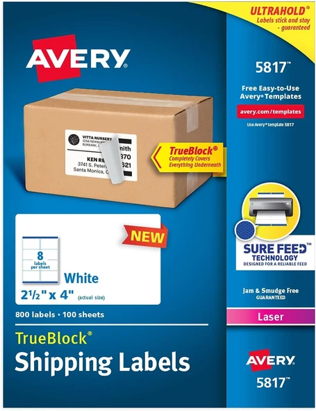 Avery Yazdırılabilir Boş Kargo Etiketleri, 6,35 Cm X 10,16 Cm, Beyaz, 800 Etiket, Lazer Yazıcı, Kalı ürün görseli 1