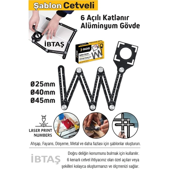 Sgs 970 Alüminyum Gövde 6 Açılı Katlanır Açı Ölçer Şablon Cetveli ürün görseli 1