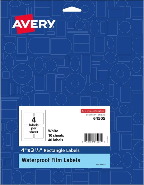 Avery Emin Besleme Teknolojisine Sahip Dayanıklı Su Geçirmez Yağa Dayanıklı Film Etiketleri, 4" X 3- ürün görseli 1