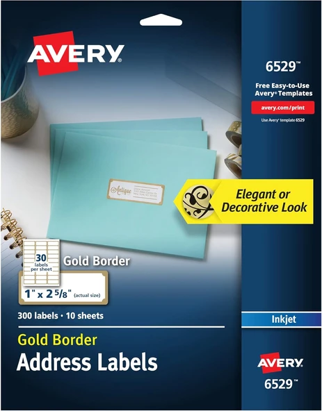 Avery Mürekkep Püskürtmeli Yazıcılar Için Altın Kenarlıklı Adres Etiketleri, 1" X 2-5/8", 300 Etiket ürün görseli 1