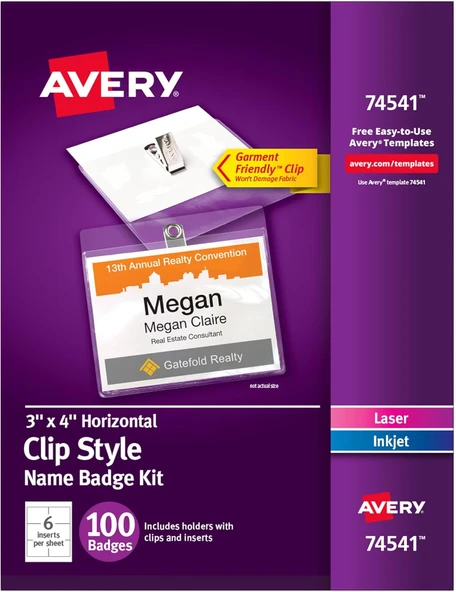 Avery Özelleştirilebilir İsim Rozet Klipsleri, 3" X 4", Beyaz, 100 Yazdırılabilir Ek Parçalar Ve Kli ürün görseli 1