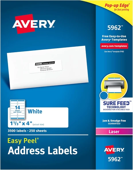 Avery Lazer Yazıcılar Için Kolay Soyulan Adres Etiketleri 1-1/3" X 4", 3.500'Lü Kutu (5962) ürün görseli 1