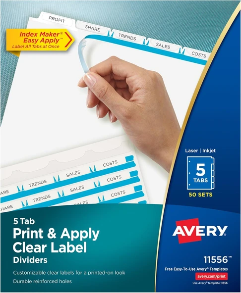 Index Maker Clear Label Punched Paylaştırıcı, 5-Tab, Letter, Beyaz, 50 Sets ürün görseli 1