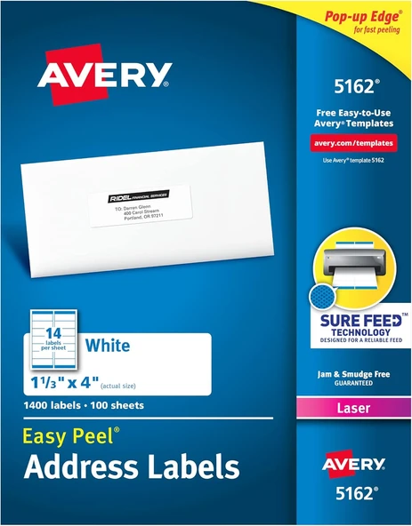 Avery Adres Etiketleri, Lazer Yazıcılar Için Emin Besleme, 1-1/3 Inç X 4 Inç, 1400 Etiket, Kalıcı Ya ürün görseli 1