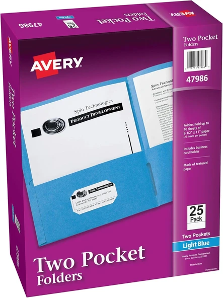 Avery İki Cep Klasörü, 40 Sayfaya Kadar Tutar, Kartvizit Yuvası, 25 Açık Mavi Klasör (47986) ürün görseli 1