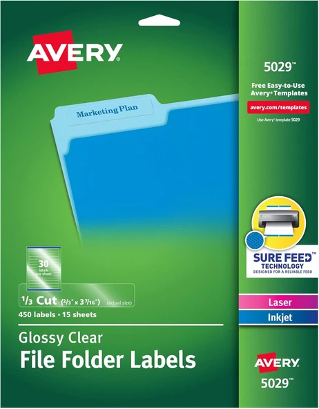 Avery Şeffaf Kendinden Yapışkanlı Dosya Etiketleri, 3-7/16 X 2/3, 5 Paket (5029) ürün görseli 1