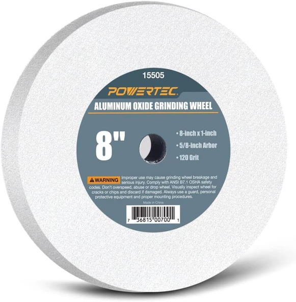 Powertec 15505 Beyaz Alüminyum Oksit Taşlama Diski, 8 Inç X 1 Inç, 5/8 Inç Arbor, Granülasyon 120 ürün görseli 1
