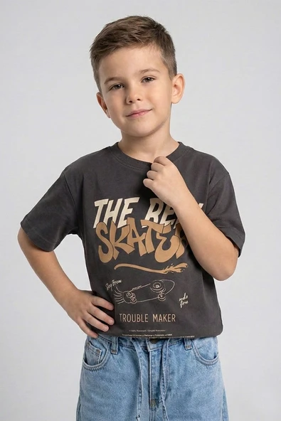 Erkek Çocuk Paten Baskılı Tshirt Füme 4-9 Yaş ürün görseli 1