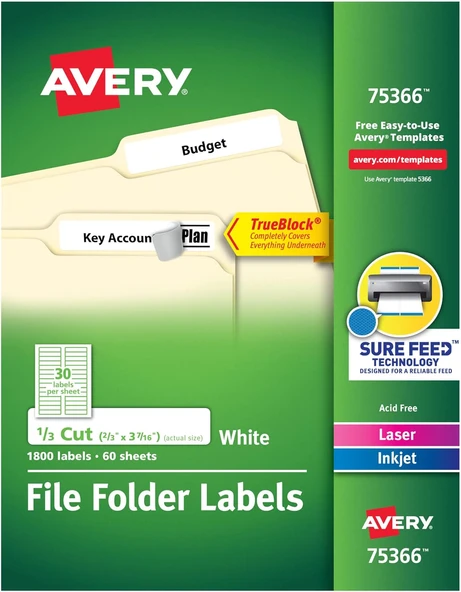 Avery Trueblock Dosya Klasörü Etiketleri, 2/3" X 3-7/16", 1800 Yazdırılabilir Etiket, Beyaz, Kalıcı ürün görseli 1