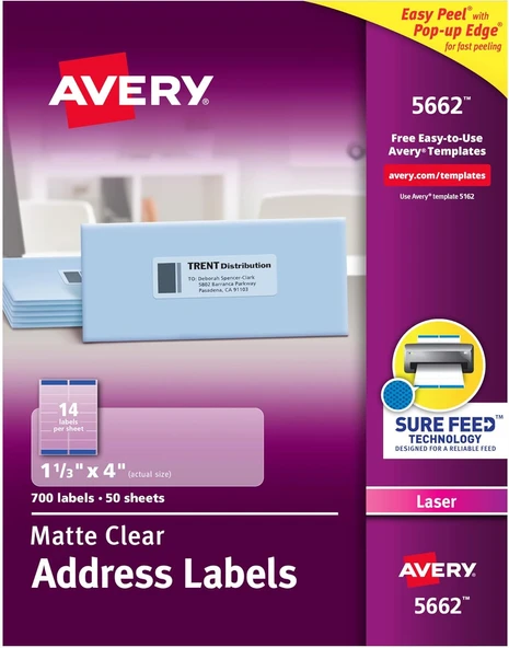 Avery Emin Beslemeli Yazdırılabilir Adres Etiketleri, 1-1/3" X 4", Mat Şeffaf, 700 Boş Posta Etiketi ürün görseli 1