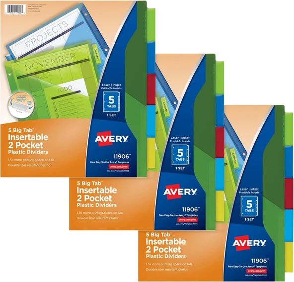 Avery Big Tab Iki Cepli Plastik Ayırma Duvarı, 3 Set 5 Bölmeli 3 Set 5 Bölmeli 3 Set 5 Tablet Merhre ürün görseli 1
