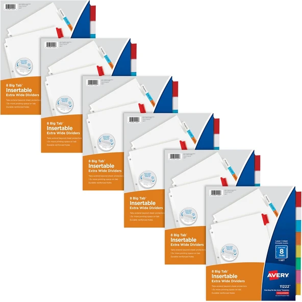 Avery Big Tab 21211 3 Halkalı Kitap Için Ayırıcı Yapraklar, 8 Ayraç, Çok Renkli, 6 Set ürün görseli 1