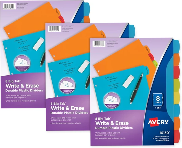 Avery Big Tab 21210 Ayırma Sayfası, Sağlam Plastikten, 8 Kayıt Kartı, Çok Renkli, 3 Set ürün görseli 1