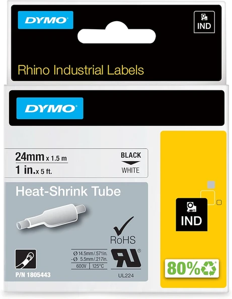 Dymo Rhino Industrial Daralan Kablo Etiketleri | 24 Mm X 1,5 M | Beyaz Zemin Üzerine Siyah Yazı | Ke ürün görseli 1