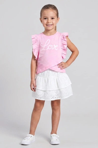 Kız Çocuk Brode Etek Tshirt  2'li Takım Pembe 2-7 Yaş ürün görseli 1