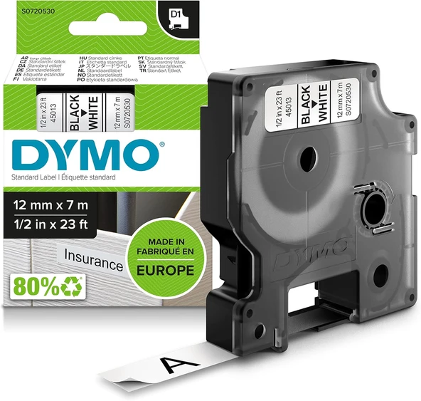 Dymo D1 Yedek Şerit, 12 Mm X 7 Mt, Beyaz/Siyah (45013) ürün görseli 1