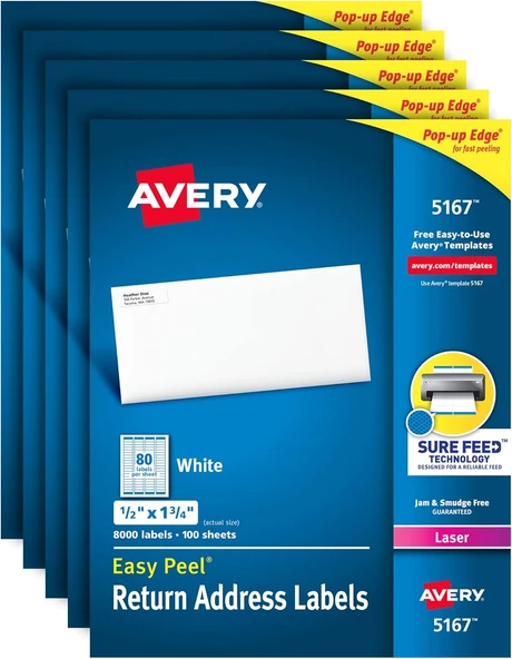 Avery Easy Peel Return Için Adres Etiketleri Lazer/Led Yazıcı, 1/5,1 Cm X 1 – 3/10,2 Cm Box 8.000, F ürün görseli 1