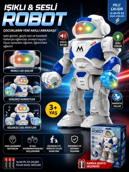 Işıklı Sesli Robot Oyuncak Hareketli LED Gözlü Pilli Akıllı Robot 3+ Yaş Eğitici Oyuncak ürün görseli 1