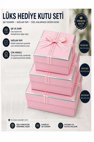Pembe Hediye Kutusu 3 lü 1 Paket K-1148 Boş Hediye Kutusu 3 lü Sevgiliye Özel Kurdelalı Kutu Karton Kutu Hatıra Kutusu ürün görseli 1