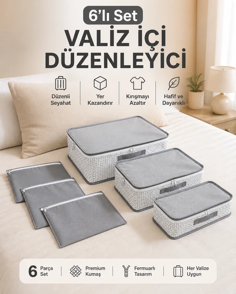 6’lı Valiz İçi Düzenleyici Hurç Seti  Bavul Organizer Set, Seyahat Çanta Düzenleyici Premium Kumaş ürün görseli 1