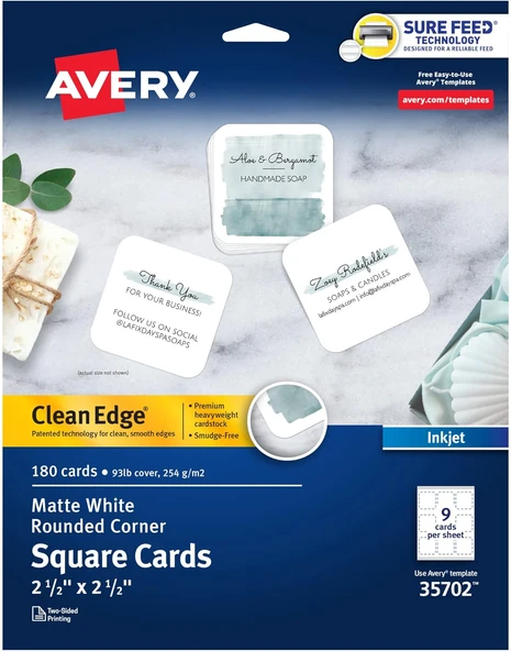 Avery Clean Edge 35702 Sure Feed Teknolojisine Sahip Yazdırılabilir Kare Kartlar, Yuvarlatılmış Köşe ürün görseli 1