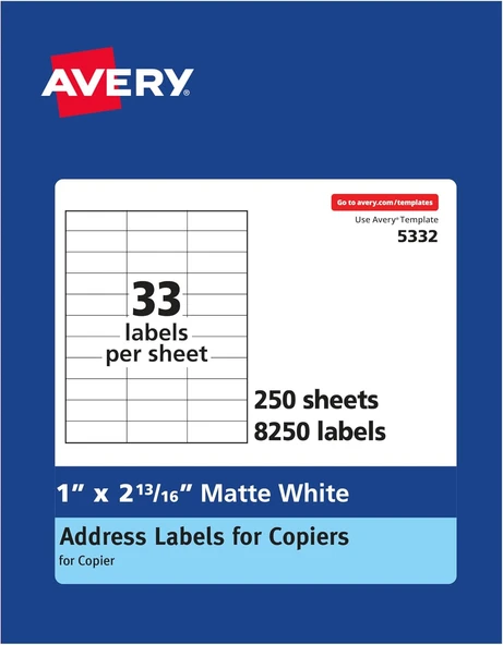 Avery Fotokopi Makineleri Için Adres Etiketleri, 1" X 2-13/16", 8.250 Beyaz Etiket (5332) ürün görseli 1