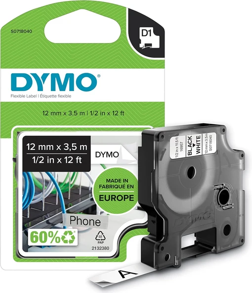 Dymo S0718040, Yüksek Performans Esnek Naylon (12 Mm X 3,5 Mt), Siyah/Beyaz (16957) ürün görseli 1