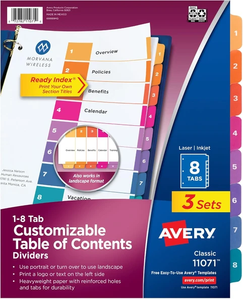 Avery Hazır Index Parçalı, 8-Tab Set, 3 Set (İçindekiler 11071) ürün görseli 1
