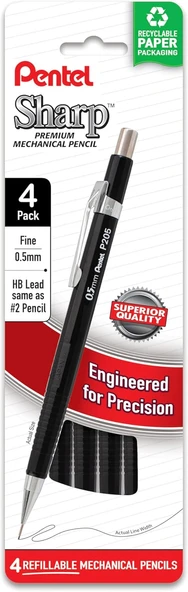 Pentel Sharp Mekanik Kurşun Kalem, (0,5 Mm), Ince Çizgi, Siyah Namlu, 4'Lü Paket (P205Pf4A) ürün görseli 1
